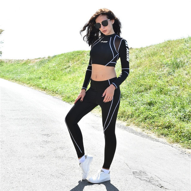 Women's Gym Clothes Fitness Wear Long Sleeve Crop Top Shirt High Waist